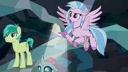 Size: 1280x720 | Tagged: safe, screencap, ocellus, sandbar, silverstream, classical hippogriff, earth pony, hippogriff, pony, g4, what lies beneath, female, male, wings