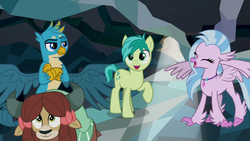 Size: 1280x720 | Tagged: safe, screencap, gallus, sandbar, silverstream, yona, classical hippogriff, earth pony, griffon, hippogriff, pony, yak, g4, what lies beneath, female, male, wings
