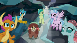 Size: 1280x720 | Tagged: safe, screencap, gallus, ocellus, sandbar, silverstream, smolder, yona, changedling, changeling, classical hippogriff, dragon, earth pony, griffon, hippogriff, pony, yak, g4, what lies beneath, bow, cloven hooves, dragoness, female, flying, hair bow, jewelry, male, monkey swings, necklace, raised eyebrow, student six, teenager