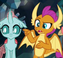 Size: 507x465 | Tagged: safe, screencap, ocellus, smolder, g4, what lies beneath, cropped, duo focus, pointing, raised eyebrow, reaction image