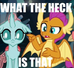 Size: 507x465 | Tagged: safe, edit, edited screencap, screencap, ocellus, smolder, g4, what lies beneath, cropped, duo focus, image macro, meme, reaction image