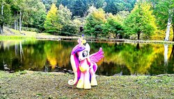 Size: 1200x688 | Tagged: safe, artist:nekokevin, princess cadance, alicorn, pony, g4, female, forest, hoof shoes, irl, lake, mare, nature, peytral, photo, plushie, regalia, smiling, solo, spread wings, wings