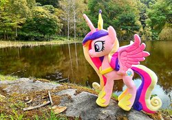 Size: 1199x834 | Tagged: safe, artist:nekokevin, princess cadance, alicorn, pony, g4, female, forest, hoof shoes, irl, lake, mare, nature, peytral, photo, plushie, regalia, smiling, solo, spread wings, wings