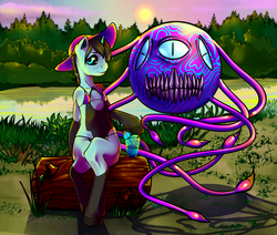 Size: 2763x2338 | Tagged: safe, artist:leastways, oc, oc only, oc:iso, beholder, semi-anthro, arm hooves, clothes, forest, friendship, high res, lake, mare x monster, monster, summer, swimsuit, tentacles