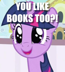 Size: 425x471 | Tagged: safe, edit, edited screencap, screencap, twilight sparkle, pony, g4, sweet and elite, book, bookhorse, bronybait, cropped, dork, exclamation point, female, image macro, interrobang, meme, question, question mark, solo, that pony sure does love books
