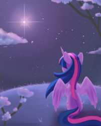 Size: 952x1184 | Tagged: safe, artist:dusthiel, twilight sparkle, alicorn, pony, g4, female, flower, looking up, mare, moon, night, solo, stars, tree, twilight sparkle (alicorn)