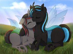 Size: 1280x948 | Tagged: dead source, safe, artist:evomanaphy, oc, oc only, changeling, pony, blue changeling, changeling oc, cuddling, cute, duo, eyes closed, fangs, female, floppy ears, freckles, grass, lying down, prone, smiling