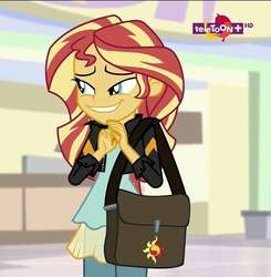 Size: 706x720 | Tagged: safe, screencap, sunset shimmer, equestria girls, equestria girls specials, g4, my little pony equestria girls: mirror magic, bag, canterlot mall, clothes, creeper, creepy, creepy smile, cropped, cute, cutie mark, faic, female, funny face, hand, jacket, leather jacket, saddle bag, shimmerbetes, smiling, smug, solo, teletoon