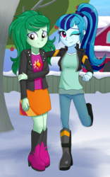 Size: 2500x4000 | Tagged: safe, artist:horsecat, sonata dusk, wallflower blush, equestria girls, equestria girls specials, g4, my little pony equestria girls: better together, my little pony equestria girls: forgotten friendship, my little pony equestria girls: rainbow rocks, arm under breasts, boots, clothes, clothes swap, cute, cutie mark on clothes, duo, duo female, eyeshadow, female, freckles, hair tie, high heel boots, implied sunset shimmer, jacket, leather, leather jacket, looking at you, looking down, makeup, one eye closed, pants, ponytail, raised leg, shirt, shoes, skirt, smiling, snow, standing, standing on one leg, sunset shimmer's ankle boots, sunset shimmer's boots, sunset shimmer's clothes, teenager, wink