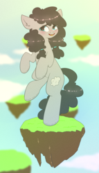 Size: 2000x3500 | Tagged: safe, artist:etoz, oc, oc only, oc:cloudy, earth pony, pony, bipedal, blushing, cloud, female, floating island, happy, high res, sky, smiling, standing, standing on one leg