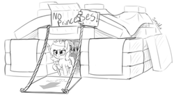 Size: 2374x1298 | Tagged: safe, artist:smoldix, oc, oc only, oc:filly anon, earth pony, pony, blanket, cardboard, crown, female, filly, hoof hold, jewelry, lineart, mattress, pillow, pillow fort, regalia, rope, sign, simple background, spear, weapon, white background