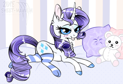 Size: 1830x1254 | Tagged: safe, artist:sweet-mayhem, rarity, pony, unicorn, g4, bed, bedroom, bedroom eyes, blushing, clothes, cute, female, hooves, looking at you, mare, pillow, plushie, sexy, socks, solo, stockings, striped socks, teddy bear, thigh highs, tongue out