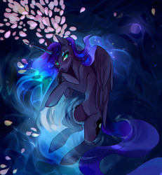 Size: 1280x1386 | Tagged: safe, artist:catzino, princess luna, alicorn, pony, g4, chromatic aberration, female, looking at you, mare, moon, petals, redraw, reflection, solo, stars, water