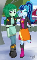 Size: 2500x4000 | Tagged: safe, artist:horsecat, sonata dusk, wallflower blush, equestria girls, equestria girls series, g4, my little pony equestria girls: forgotten friendship, my little pony equestria girls: rainbow rocks, arm under breasts, boots, clothes, clothes swap, cute, cutie mark on clothes, duo, eyeshadow, female, freckles, hair tie, high heel boots, implied sunset shimmer, jacket, leather, leather jacket, looking at you, looking down, makeup, one eye closed, pants, ponytail, raised leg, shirt, shoes, shy, skirt, smiling, snow, standing, standing on one leg, sunset shimmer's ankle boots, sunset shimmer's boots, sunset shimmer's clothes, teenager, wink
