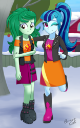 Size: 2500x4000 | Tagged: safe, artist:horsecat, sonata dusk, wallflower blush, equestria girls, equestria girls specials, g4, my little pony equestria girls: better together, my little pony equestria girls: forgotten friendship, my little pony equestria girls: rainbow rocks, arm under breasts, belt, boots, clothes, clothes swap, cute, cutie mark on clothes, duo, duo female, eyeshadow, female, freckles, hair tie, high heel boots, implied sunset shimmer, jacket, leather, leather jacket, looking at you, looking down, makeup, off shoulder, one eye closed, ponytail, raised leg, shirt, shoes, shy, skirt, smiling, snow, standing, standing on one leg, teenager, wink