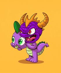 Size: 950x1129 | Tagged: safe, artist:alexmdc, spike, g4, clothes, costume, disguise, frown, mask, masking, simple background, skylanders, spike as spyro, spyro the dragon, spyro the dragon (series), unmasked, wat