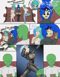 Size: 3920x5080 | Tagged: safe, artist:undisputed, princess celestia, princess luna, oc, oc:anon, human, g4, blushing, colored, comic, cute, dialogue, funny, humanized, latex, lunabetes, picture, picture book, punk, sarcastic, sexy, smiling, surprised, trio
