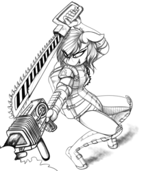 Size: 2988x3501 | Tagged: safe, artist:replica, oc, oc only, oc:replica, anthro, armor, chainsword, evil grin, female, fire, flamethrower, grayscale, grin, high res, monochrome, simple background, sketch, smiling, solo, weapon, white background