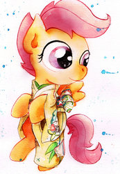 Size: 1600x2306 | Tagged: safe, artist:mashiromiku, scootaloo, pony, g4, bipedal, clothes, commission, cute, cutealoo, female, kimono (clothing), solo, traditional art, watercolor painting