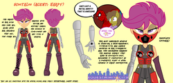 Size: 2666x1280 | Tagged: safe, artist:succubi samus, scootaloo, oc, oc:moon pearl, bat pony, cyborg, equestria girls, g4, amputee, bat pony oc, body armor, captain america: civil war, civil war, close-up, crossover, equestrian city, expressionless face, faceplate, fourth wall joke, male, metal arm, metal as fuck, military uniform, older, older scootaloo, prosthetic arm, prosthetic limb, prosthetics, reference sheet, spider-man, spider-man: homecoming, winter soldier