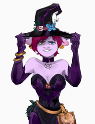 Size: 2935x3823 | Tagged: safe, artist:dimaru, oc, oc only, anthro, anthro oc, arm band, belt, breasts, choker, cleavage, clothes, commission, digital art, dress, female, grin, heterochromia, high res, looking at you, mare, solo, witch, witch hat, ych result