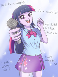 Size: 1653x2204 | Tagged: safe, artist:sumin6301, twilight sparkle, equestria girls, g4, clothes, creep (song), female, lyrics, microphone, miniskirt, music notes, open mouth, pleated skirt, radiohead, skirt, smiling, solo, song reference, text, twilight sparkle's skirt