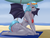 Size: 3000x2300 | Tagged: safe, artist:crocodilchik, oc, oc only, oc:moon bloom, bat pony, anthro, plantigrade anthro, anthro oc, bat pony oc, bat wings, beach, bra, breasts, clothes, commission, digital art, female, high res, looking at you, looking sideways, mare, ocean, picnic blanket, sand, smiling, solo, swimsuit, umbrella, underwear, ych result