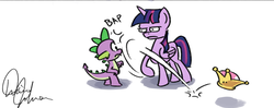 Size: 2550x1011 | Tagged: safe, artist:tadpoledraws, spike, twilight sparkle, alicorn, dragon, pony, g4, bowsette, comic, cropped, crown, denied, female, jewelry, male, meme, nope, regalia, signature, subverted meme, super crown, toadette, twilight sparkle (alicorn)