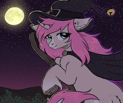 Size: 2400x2000 | Tagged: safe, artist:avrameow, oc, oc only, oc:tarot, classical unicorn, pony, unicorn, broom, cape, clothes, cloven hooves, curved horn, digital art, ear piercing, female, floppy ears, freckles, halloween, hat, high res, holiday, horn, leonine tail, long mane, long tail, mare, moon, night, palomino, piercing, pink mane, solo, starry night, stars, unshorn fetlocks, witch, witch hat, ych result