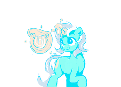 Size: 924x664 | Tagged: safe, artist:thefloatingtree, lyra heartstrings, pony, unicorn, g4, female, levitation, lyre, magic, mare, raised hoof, simple background, smiling, solo, telekinesis, white background