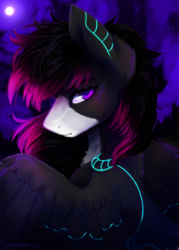 Size: 1440x2016 | Tagged: safe, artist:skylacuna, oc, oc only, pegasus, pony, dark background, full moon, looking at you, male, moon, night, solo