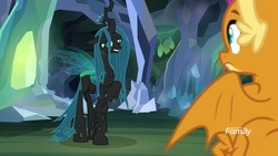 Size: 1920x1080 | Tagged: safe, screencap, ocellus, queen chrysalis, smolder, changeling, changeling queen, dragon, g4, what lies beneath, discovery family, discovery family logo, disguise, disguised changeling, female, logo, queen chrysellus, sad