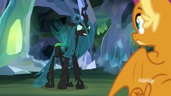 Size: 1920x1080 | Tagged: safe, screencap, ocellus, queen chrysalis, smolder, changeling, changeling queen, dragon, g4, what lies beneath, discovery family, discovery family logo, disguise, disguised changeling, female, logo, nightmare cave, queen chrysellus