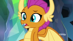 Size: 1920x1080 | Tagged: safe, screencap, smolder, dragon, g4, what lies beneath, discovery family, discovery family logo, dragon wings, dragoness, fangs, female, horns, logo, open mouth, solo, spread wings, wings