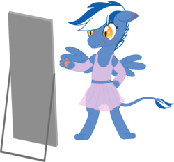 Size: 4000x3731 | Tagged: safe, artist:waveywaves, oc, oc only, oc:nova breeze, sphinx, bipedal, blushing, clothes, crossdressing, male, mirror, see-through, simple background, solo, transparent background