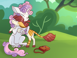Size: 1024x768 | Tagged: safe, artist:loryska, sweetie belle, oc, oc:clarabelle, hybrid, pony, unicorn, zony, g4, adopted offspring, cloven hooves, crying, duo, duo female, eyes closed, female, filly, hug, mother and daughter, offspring, older, parent:sweetie belle, tears of joy