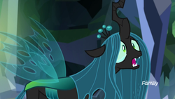 Size: 1920x1080 | Tagged: safe, screencap, ocellus, queen chrysalis, changedling, changeling, changeling queen, g4, what lies beneath, adorkable, breakdown, crying, cute, cutealis, diaocelles, discovery family, discovery family logo, disguise, disguised changeling, dork, dorkalis, fangs, female, implied chrysalis, logo, nightmare cave, open mouth, queen chrysellus, sad, sadorable, solo, spread wings, tantrum, teary eyes, whining, wings