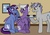 Size: 2014x1414 | Tagged: safe, artist:ficklepickle9421, artist:kindheart525, artist:lazyy-llama, silver script, star bright, oc, oc:dusk star, pegasus, pony, unicorn, kindverse, g4, bags under eyes, beard, crying, facial hair, father and son, glowing horn, horn, levitation, magic, male, offspring, older, parent:silver script, parent:twilight sparkle, parents:twiscript, starscript, telekinesis, tray