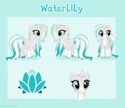 Size: 3620x3120 | Tagged: safe, artist:dreamyeevee, oc, oc only, oc:waterlily, pony, base used, high res, reference sheet, solo