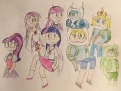 Size: 1024x768 | Tagged: safe, artist:katiemae12, mean twilight sparkle, sci-twi, twilight sparkle, alicorn, human, equestria girls, g4, the mean 6, adventure time, clone, crossover, finn the human, humanized, male, treelight sparkle, twilight sparkle (alicorn)
