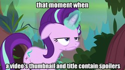 Size: 1280x720 | Tagged: safe, edit, edited screencap, screencap, starlight glimmer, pony, unicorn, g4, road to friendship, annoyed, faic, female, floppy ears, glowing horn, horn, image macro, mare, meme, solo, spoiler, starlight glimmer is not amused, unamused