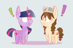 Size: 2232x1470 | Tagged: safe, artist:niteax, twilight sparkle, oc, oc:tvælåt, g4, cute, exclamation point, looking at each other, simple background