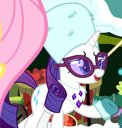 Size: 689x720 | Tagged: safe, screencap, fluttershy, rarity, pony, unicorn, g4, my little pony best gift ever, clothes, cropped, female, glasses, hat, mare, smiling, winter outfit