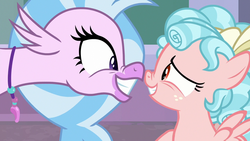 Size: 1280x720 | Tagged: safe, screencap, cozy glow, silverstream, classical hippogriff, hippogriff, pegasus, pony, g4, my little pony: friendship is magic, what lies beneath, boop, eye contact, female, filly, grin, jewelry, looking at each other, necklace, nervous, nose wrinkle, noseboop, raised hoof, smiling, spread wings, squee, wings