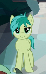 Size: 197x319 | Tagged: safe, screencap, sandbar, yona, earth pony, pony, g4, what lies beneath, cropped, male, offscreen character, smiling
