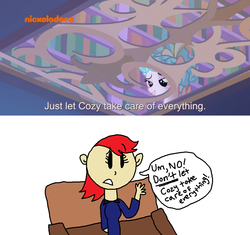 Size: 1028x966 | Tagged: safe, artist:nightshadowmlp, edit, edited screencap, screencap, cozy glow, human, pegasus, pony, g4, what lies beneath, caption, couch, female, filly, grate, nickelodeon, text