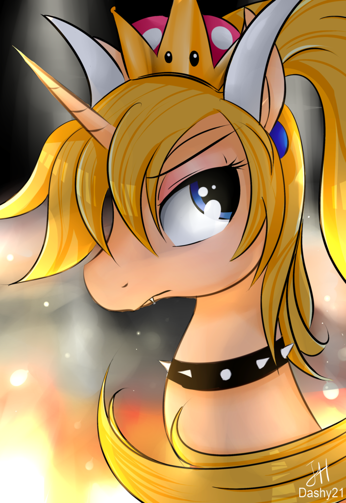 1843110 Artist Dashy21 Bowsette Bust Collar Fangs Female Looking At You Mare Ponified Pony Safe Snaggletooth Spiked Collar Super Crown Unicorn Derpibooru