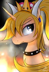 Size: 2160x3133 | Tagged: safe, artist:dashy21, pony, unicorn, bowsette, bust, collar, fangs, female, high res, looking at you, mare, ponified, snaggletooth, spiked collar, super crown, toadette