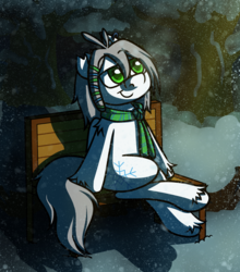 Size: 1500x1704 | Tagged: safe, artist:alittleofsomething, oc, oc only, oc:umbra winterdance, pegasus, pony, bench, clothes, scarf, snow, solo, winter