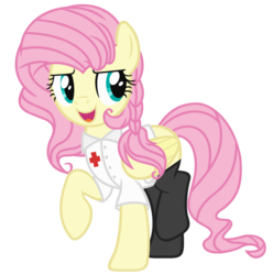 Size: 1024x1033 | Tagged: safe, artist:bezziie, fluttershy, pegasus, pony, g4, alternate hairstyle, braid, clothes, female, flutternurse, folded wings, looking away, looking sideways, mare, nurse outfit, open mouth, raised hoof, raised leg, simple background, smiling, socks, solo, three quarter view, transparent background, wings